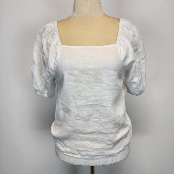 Saks Fifth Avenue Puff Sleeve Top Size S 100% Linen Square Neck Cottage Beachy - Picture 1 of 10